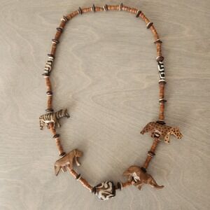 Vintage Tribal Wood Bead Necklace Animal Carvings Zebra Leopard Lion Boho Ethnic